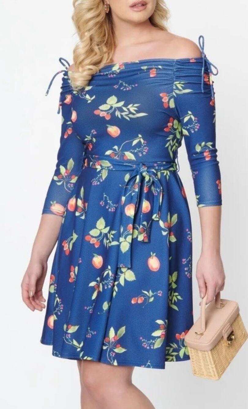 Unique Vintage Navy and Orchard Print Off Shoulder Flare Dress M NWOT